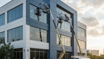 Professional commercial painters refinishing business exterior in Lafayette, LA