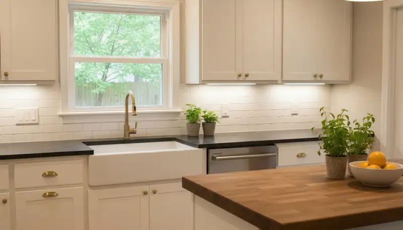 Refinished kitchen cabinets in Lafayette, LA with smooth, durable paint finish by local house-painting experts
