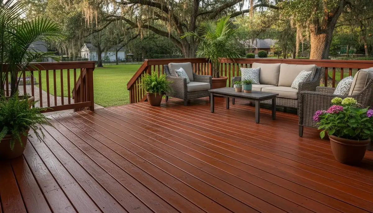Finished deck staining in Lafayette LA highlighting rich wood tones and humidity-resistant protective finish