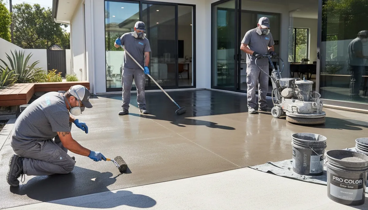 Professional concrete staining on patio in Lafayette, LA by local house painting experts