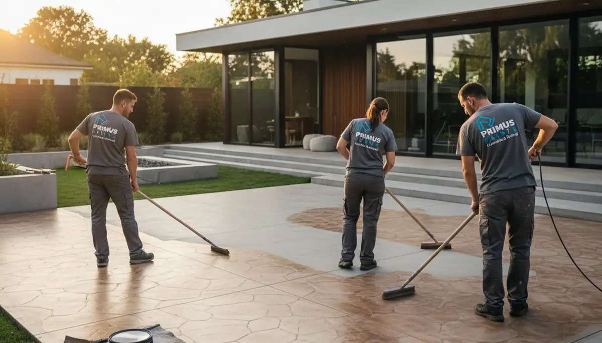 Professional concrete staining on residential patio in Lafayette, LA by local painting experts