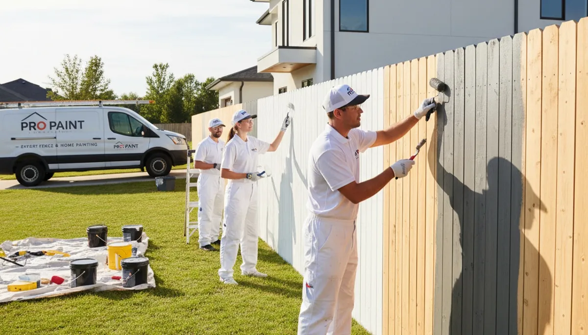 Professional fence painting in Lafayette, LA showing painters applying weather-resistant coating
