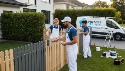 Professional fence painters coating wooden fence in Lafayette, LA for weather-resistant finish