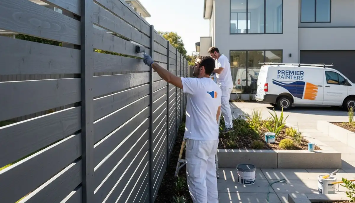 Professional fence painters coating wood fence in Lafayette, LA for weather-resistant finish