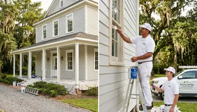 Professional house painters in Lafayette LA applying exterior paint to a residential home