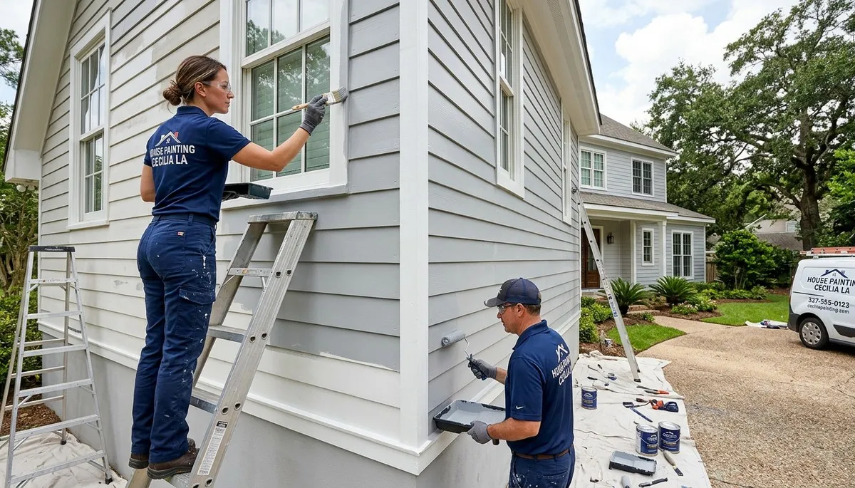 Professional house painters working on exterior home in Lafayette, LA