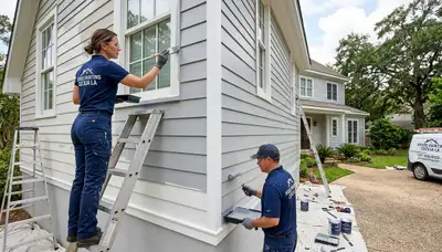 Professional house painters working on exterior home in Lafayette, LA