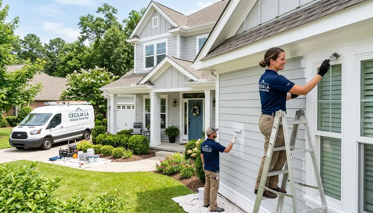 Professional house painters working on residential exterior in Lafayette, LA