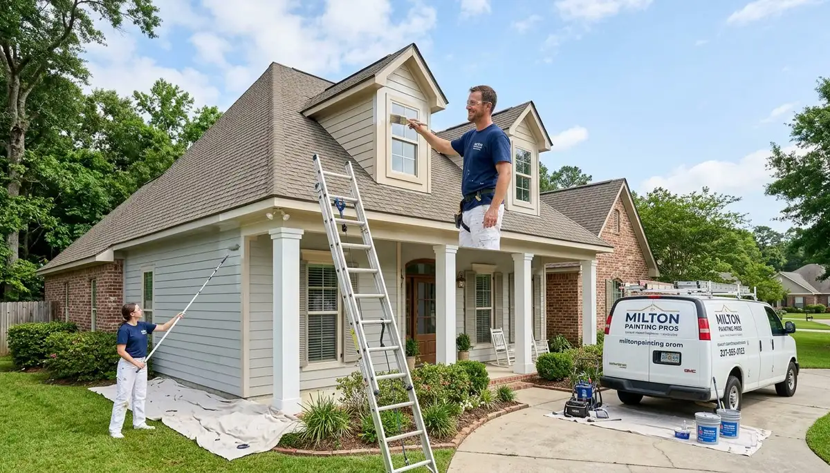 Professional house painters working on a home exterior in Lafayette, LA