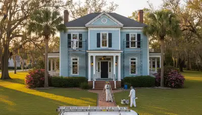 House painters in Lafayette, LA painting a home exterior for a professional finish
