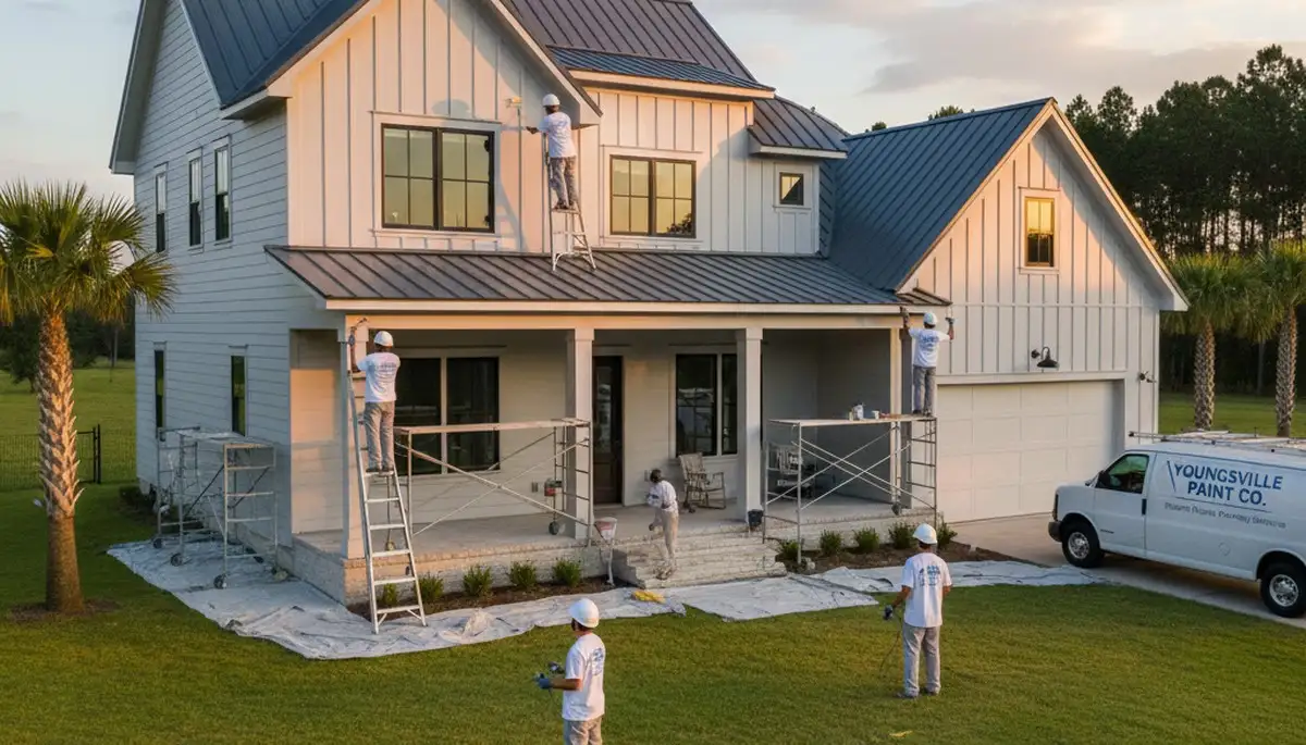 Professional house painters working on exterior home in Lafayette, LA