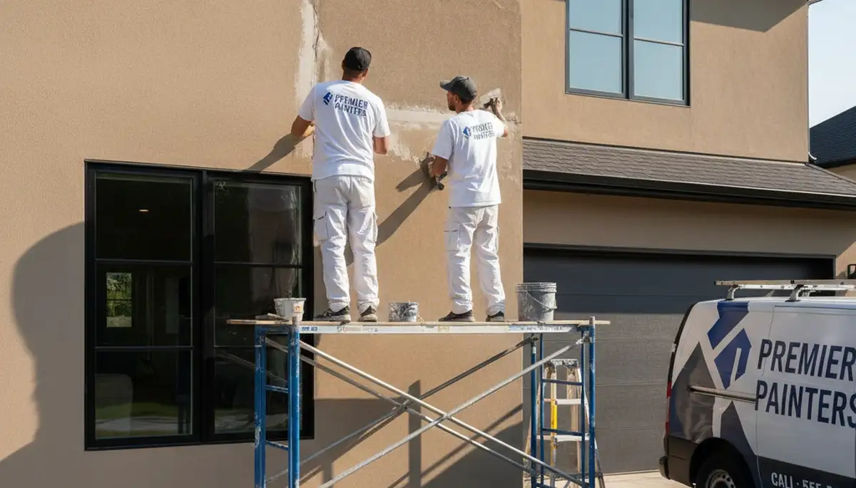 Professional stucco repair and painting on Lafayette, LA home exterior by local experts