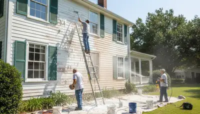 Professional painters prepping exterior walls for new paint coating in Lafayette, LA